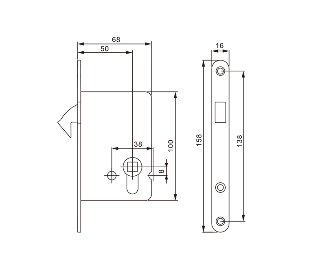 sliding door hook lock size
