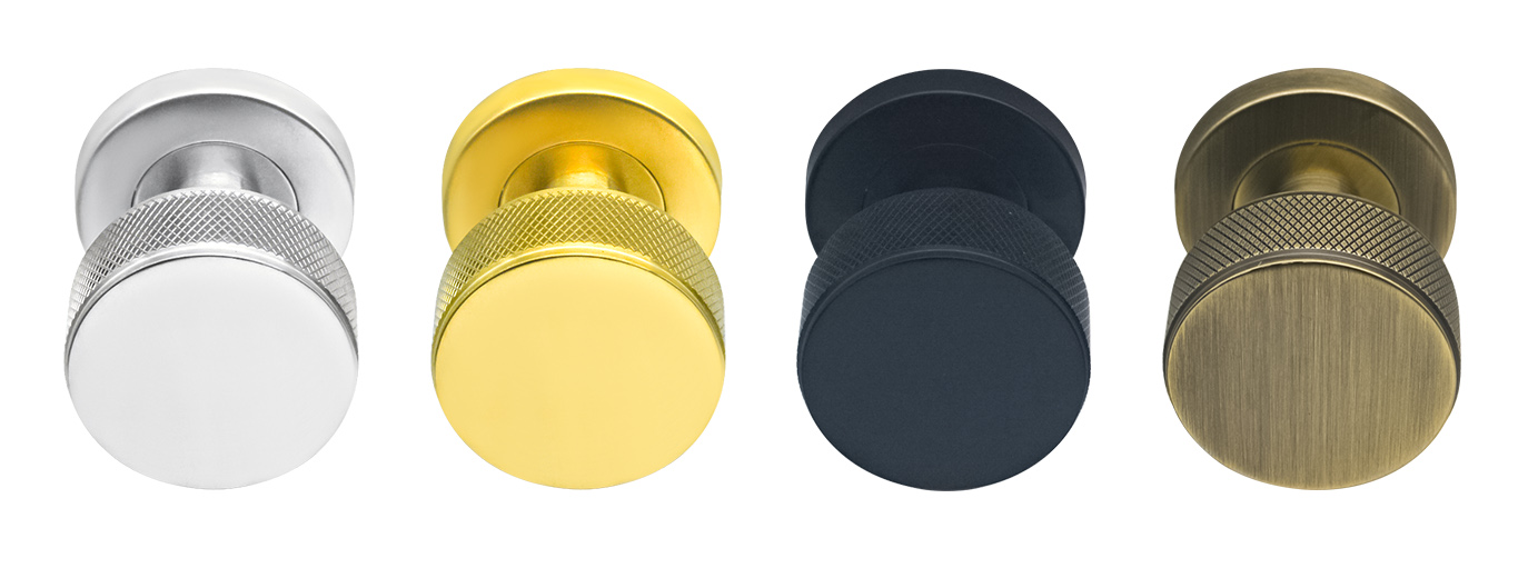 Close-up photo of a knurled stainless steel Door Konb in brushed finish, showing detailed texture.