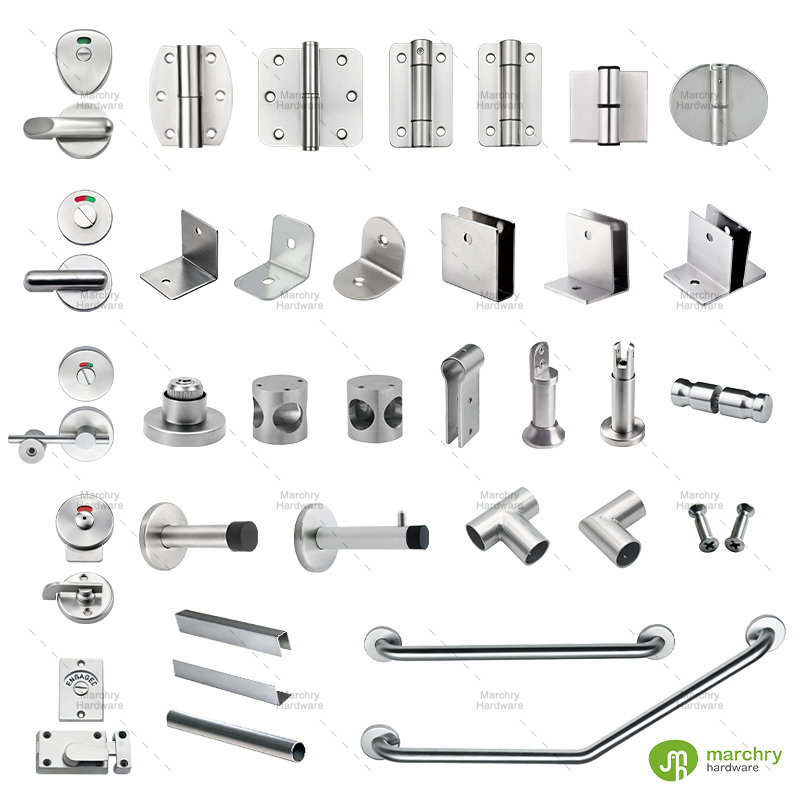 Full gallery image ALT: Marchry full range 304 stainless steel toilet partition hardware collection, including indicator locks, stall hinges, L brackets, pilaster feet, tube connectors, door stops and grab bars for commercial restroom cubicles